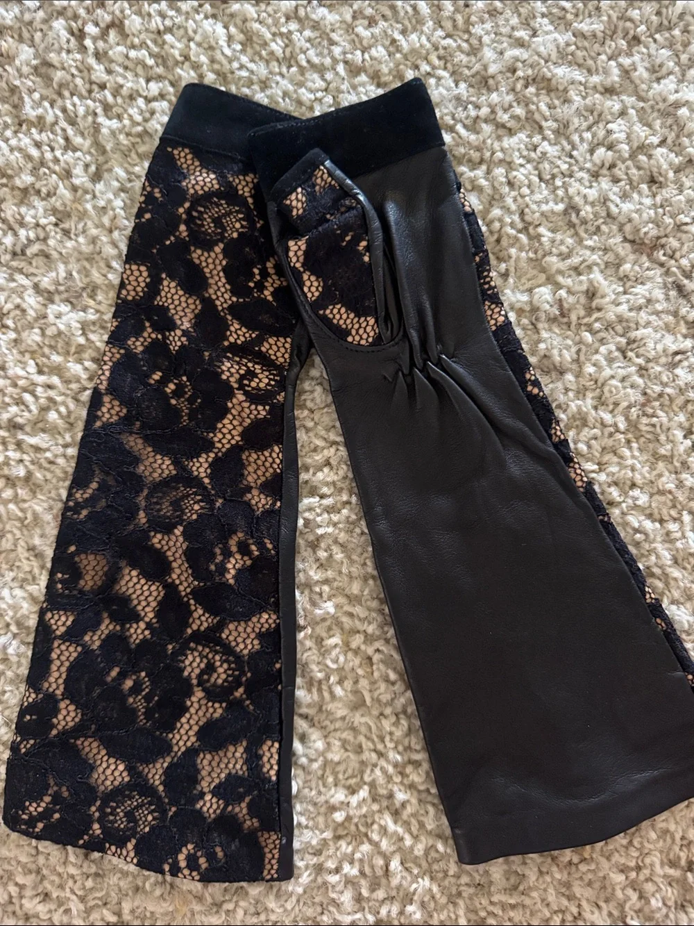 Black Lace fingerless Leather Long Gloves